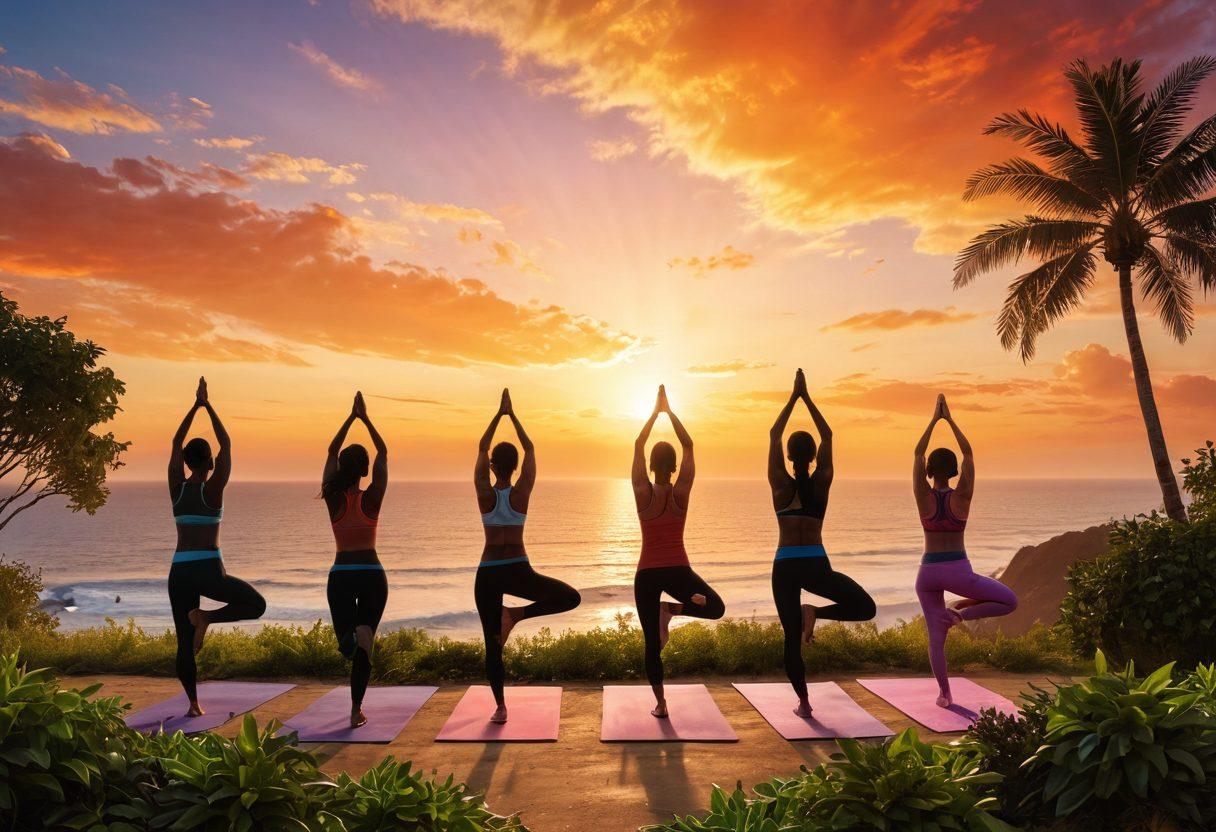 A dynamic scene depicting a diverse group of individuals engaged in various fitness activities, such as yoga, running, and strength training, set against a backdrop of a vibrant sunrise symbolizing a new beginning. In one corner, a person reading a book about health and wellness, emphasizing education. Include elements like fresh fruits, greenery, and motivational quotes subtly blending in. super-realistic. vibrant colors. 3D.