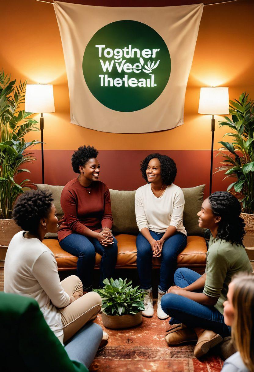 A diverse group of individuals gathered in a cozy support group circle, sharing their stories and experiences. The room is filled with warm, inviting colors, with plants and soft lighting that evoke a sense of safety and trust. In the background, a large banner reads 'Together We Heal'. The expressions on their faces reflect hope and camaraderie. A soft glow illuminates the scene, symbolizing the journey of recovery. super-realistic. warm colors. soft lighting.